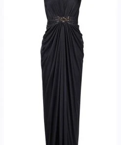Adrianna Papell - 08G905560 Ruched Bateau Embellished Long Dress - 1 Pc INK In Size 12 Available