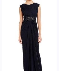 Adrianna Papell - 08G905560 Ruched Bateau Embellished Long Dress - 1 Pc INK In Size 12 Available