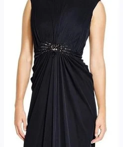 Adrianna Papell - 08G905560 Ruched Bateau Embellished Long Dress - 1 Pc INK In Size 12 Available