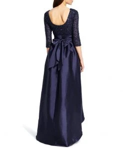 Adrianna Papell 091919630 Sequined High Low Bow Accent Gown - 1 Pc Navy In Size 8 Available