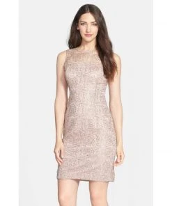 Adrianna Papell - 41889120 Sleeveless Illusion Lace Cocktail Dress - 1 Pc Rose Gold In Size 12 Available