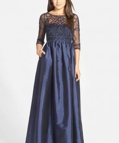 Adrianna Papell - 91912620 Quarter Sleeve Illusion Taffeta Gown - 1 Pc Navy In Size 10 Available