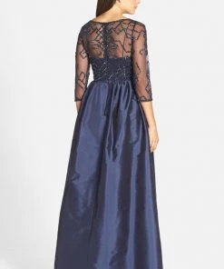 Adrianna Papell - 91912620 Quarter Sleeve Illusion Taffeta Gown - 1 Pc Navy In Size 10 Available