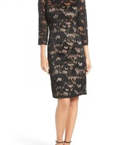 Adrianna Papell - AP1D100050 Quarter Sleeve Floral Lace Illusion Dress - 1 Pc Black/Pale Pink In Size 8 Available