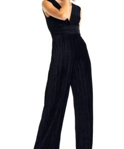 Adrianna Papell - AP1D101576 Sleeveless V-Neck Pleated Velvet Jumpsuit Plus Size Dresses