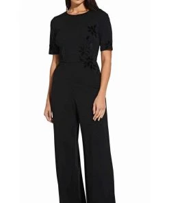 Adrianna Papell - AP1D103623 Short Sleeves Velvet Appliqued Jumpsuit Plus Size Dresses