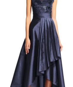 Adrianna Papell - AP1E200402 Lace Illusion Pleated High Low Dress - 1 Pc Navy In Size 14 Available Formal Gowns