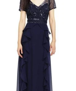 Formal Gowns Adrianna Papell - AP1E201086 Bedazzled V-neck A-line Dress