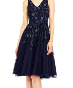 Adrianna Papell - AP1E201275 Embellished V-neck A-line Dress