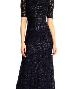 Formal Gowns Adrianna Papell - AP1E201418 Sequin Lace Embroidered Swirl Mesh Dress