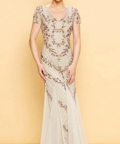 Adrianna Papell - AP1E201532 Short Sleeve Beaded Mermaid Gown Formal Gowns