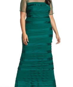 Adrianna Papell - AP1E201931 Sheered Bateau Neck Tiered Dress Formal Gowns