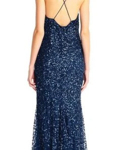 Adrianna Papell - AP1E202438 Crossed String Back Sequined Halter Gown
