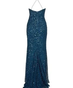Adrianna Papell - AP1E202438 Crossed String Back Sequined Halter Gown 10 Adrianna Papell - AP1E202438 Crossed String Back Sequined Halter Gown