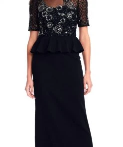 Adrianna Papell - AP1E202890 Embellished Short Sleeves Peplum Gown Formal Gowns