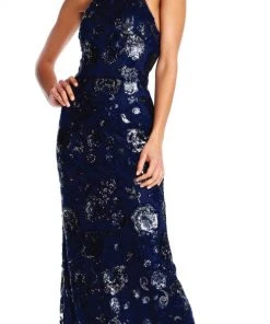 Formal Gowns Adrianna Papell - AP1E202991 Floral Sequined Halter Sheath Dress