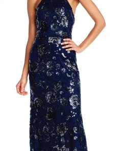 Formal Gowns Adrianna Papell - AP1E202991 Floral Sequined Halter Sheath Dress