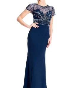 Formal Gowns Adrianna Papell - AP1E203646 Beaded Sheer Short Sleeve Trumpet Dress