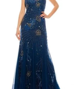Formal Gowns Adrianna Papell - AP1E205597 V Neck Beaded Long Dress