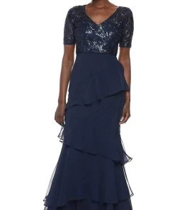 Adrianna Papell - AP1E205623 Embroidered V-Neck Tiered Sheath Dress Formal Gowns