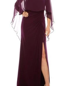 Adrianna Papell - AP1E206514 Ruched High Slit Sheer Cape Evening Dress