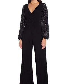 Adrianna Papell - AP1E206642 Sequined Bishop Sleeve Jumpsuit Plus Size Dresses 8 Adrianna Papell - AP1E206642 Sequined Bishop Sleeve Jumpsuit Plus Size Dresses
