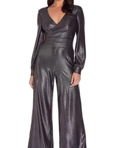 Plus Size Dresses Adrianna Papell - AP1E206841 V-Neck Metallic Jersey Jumpsuit