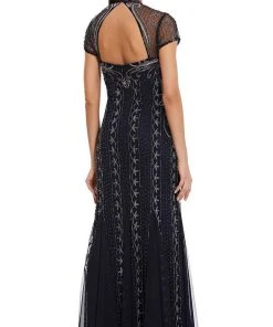 Formal Gowns Adrianna Papell - AP1E207147 Short Sleeve V Neck Beaded Mesh Gown