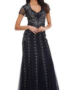 Formal Gowns Adrianna Papell - AP1E207147 Short Sleeve V Neck Beaded Mesh Gown