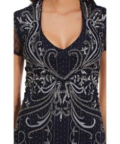 Formal Gowns Adrianna Papell - AP1E207147 Short Sleeve V Neck Beaded Mesh Gown