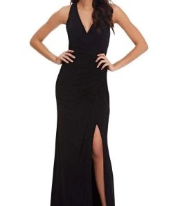 Adrianna Papell - AP1E207505 Plunging Halter High Slit Jersey Dress Formal Gowns