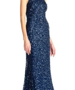 Adrianna Papell - Cross-Stringed Back Sequined Halter Gown AP1E202438 - 1 Pc Deep Blue In Size 16 Available