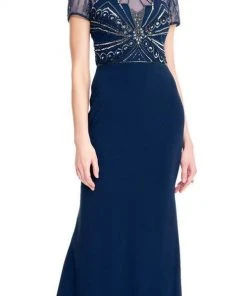 Adrianna Papell - Embellished Jewel Open Back Trumpet Gown AP1E203646 - 1 Pc Deep Blue In Size 12 Available Formal Gowns