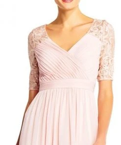 Adrianna Papell - Half Sleeve Pin-Tucked Bodice Long Gown AP1E201417 - 1 Pc Blush In Size 12 Available Formal Gowns