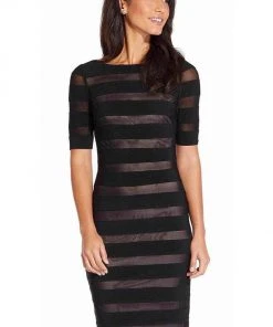 Plus Size Dresses Adrianna Papell - Half Sleeve Stripe Jersey Sheath Dress AP1D103321 - 1 Pc Black Pale Pink In Size 18 Available