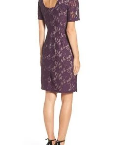 Adrianna Papell - Lace Bateau Sheath Dress AP1D100772 - 1 Pc Plum Wine In Size 8 Available