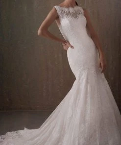 Adrianna Papell Platinum - 31013 Lace Drape Bateau Trumpet Bridal Gown