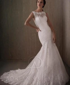 Adrianna Papell Platinum - 31013 Lace Drape Bateau Trumpet Bridal Gown