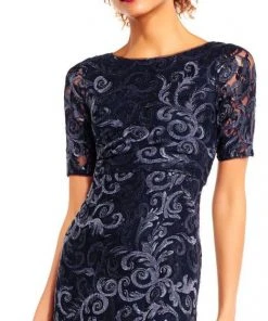Adrianna Papell - Sequin Lace Embroidered Swirl Mesh Dress AP1E201418 - 1 Pc Midnight In Size 10 Available Formal Gowns