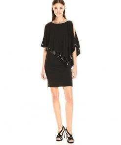Adrianna Papell Sequin-Trimmed Cutaway Capelet Dress - 1 Pc Black In Size 6 Available Cocktail Dresses