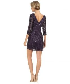 Adrianna Papell - Sequined Quarter Sleeve Dress 41901082