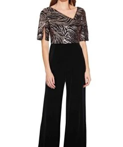 Formal Gowns Adrianna Papell - Sequined V Neck Jumpsuit AP1E206295 - 1 Pc Black Rosegold In Size 2 Available