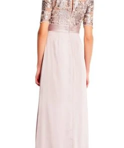 Adrianna Papell - Short Sleeves Draped Satin Dress AP1E201568 - 1 Pc Light Mink In Size 6 Available