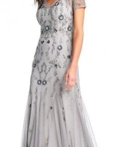 Adrianna Papell Short Sleeves Floral Beaded Godet Trumpet Gown AP1E202853