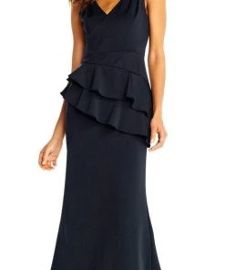 Formal Gowns Adrianna Papell - Sleeveless Layered Peplum Gown AP1E202233 - 1 Pc Black In Size 10 Available