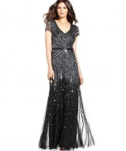 Adrianna Papell - V-Neckline Sequined Mesh Long Dress 62868950 Formal Gowns