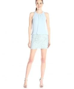 Aidan Mattox 151A12820 Lace Halter Neck Blouson Mini Dress - 1 Pc Light Blue In Size 6 Available Cocktail Dresses