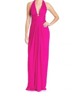Aidan Mattox - 54469500 Plunging Halter Silk Draping Sheath Gown Formal Gowns
