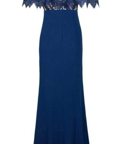 Aidan Mattox - Floral Lace Off-Shoulder Sheath Dress MN1E202072 - 1 Pc Navy In Size 2 Available Formal Gowns