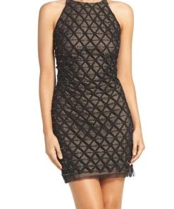 Cocktail Dresses Aidan Mattox - Halter Neckline Embellished Short Dress 54473450